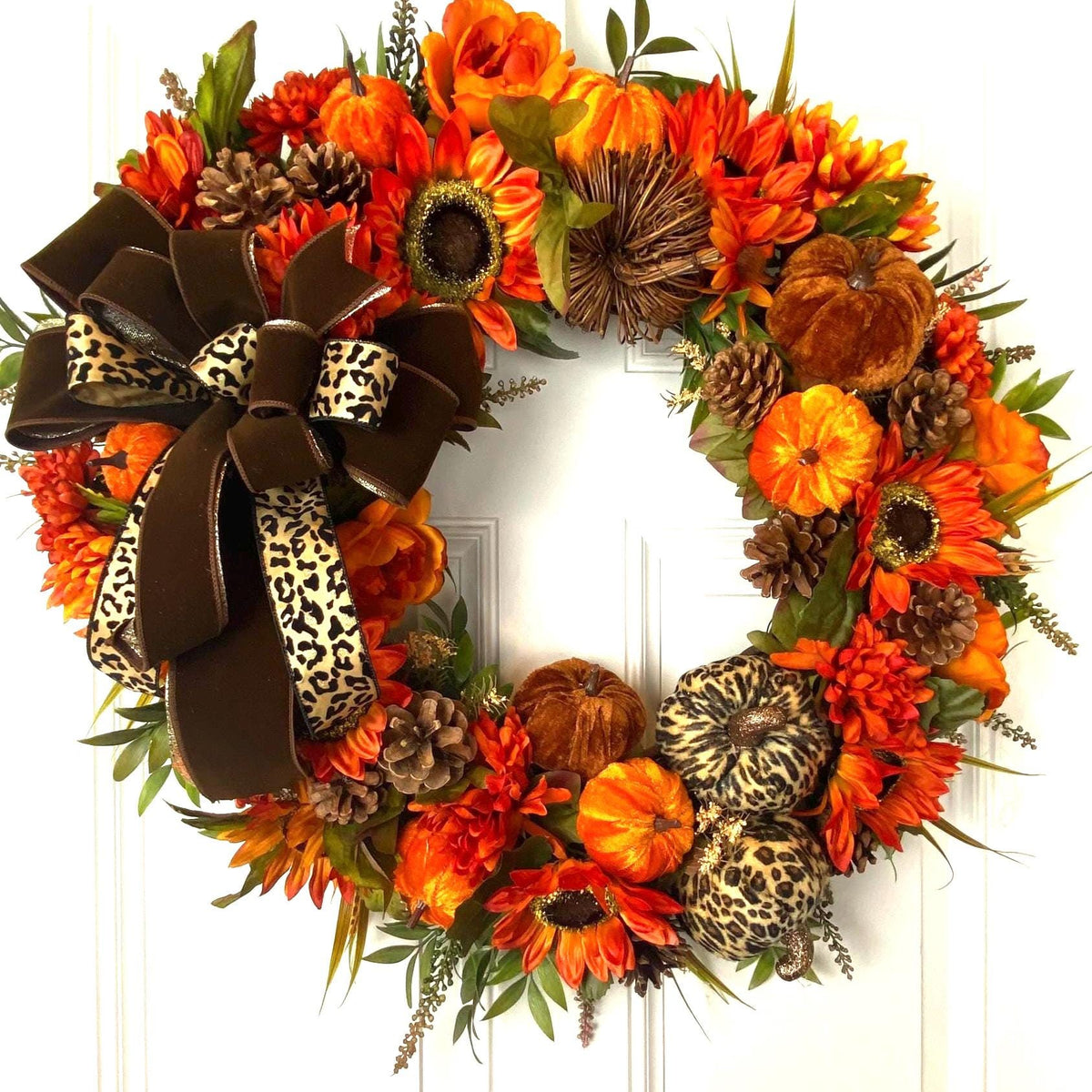 Pumpkin Sunflower Wreath: Wild Leopard Autumn Decor