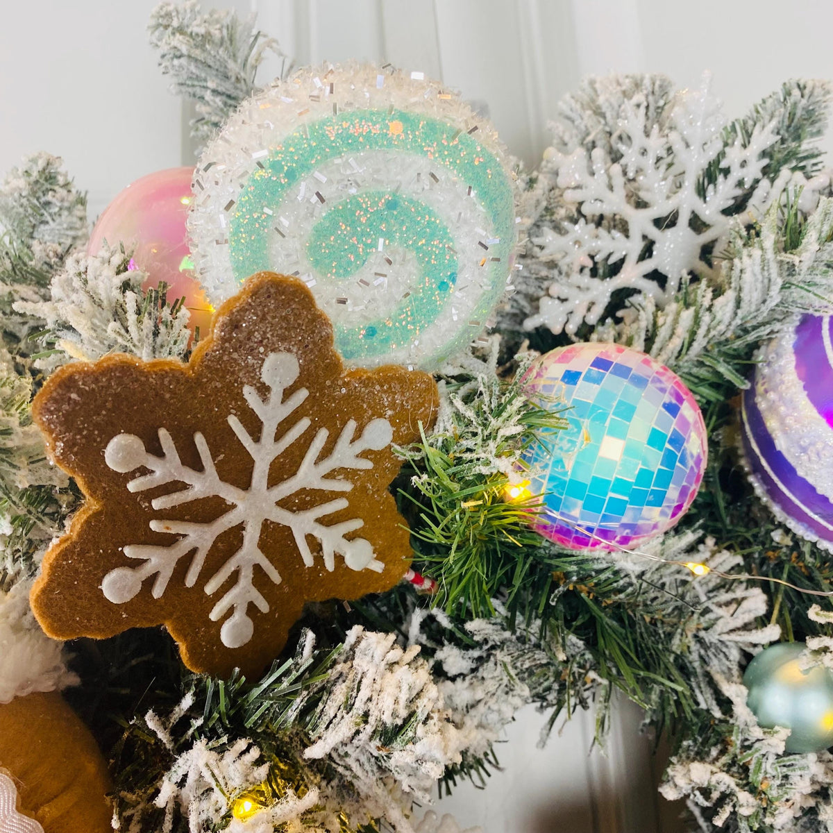 Lighted Pastel Gingerbread Wreath: Holiday Front Door Decor, Candyland