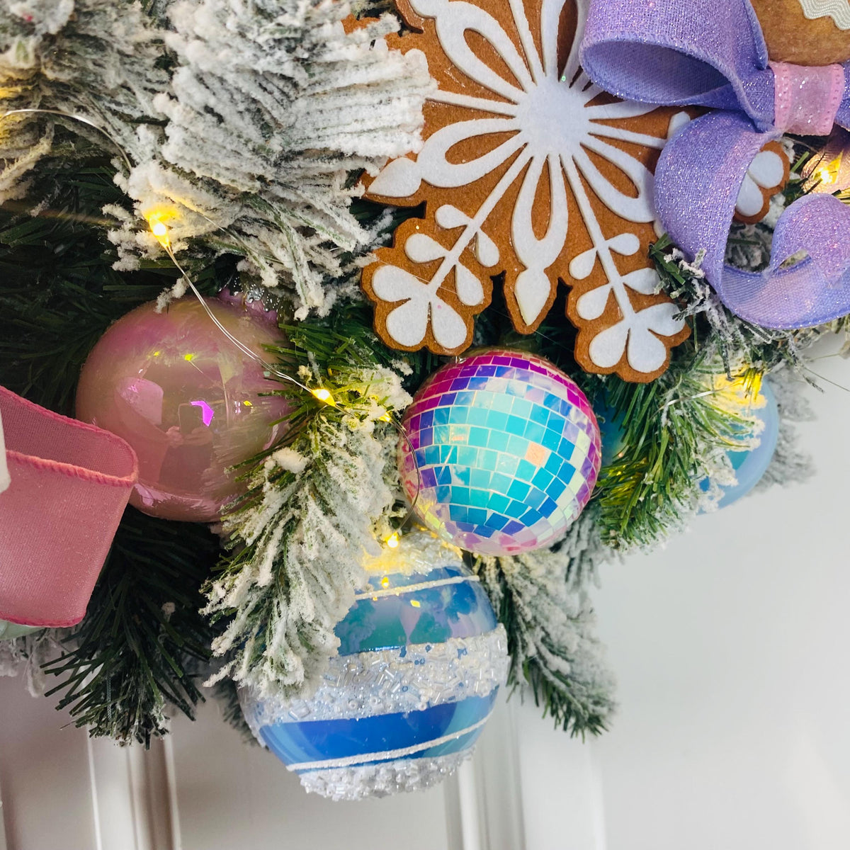 Lighted Pastel Gingerbread Wreath: Holiday Front Door Decor, Candyland