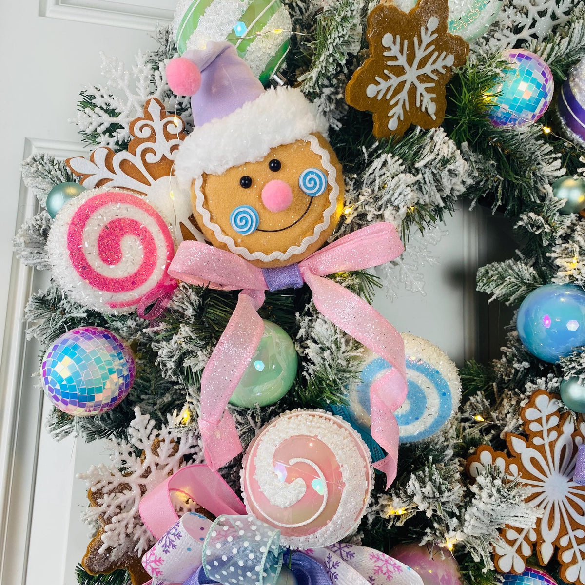 Lighted Pastel Gingerbread Wreath: Holiday Front Door Decor, Candyland