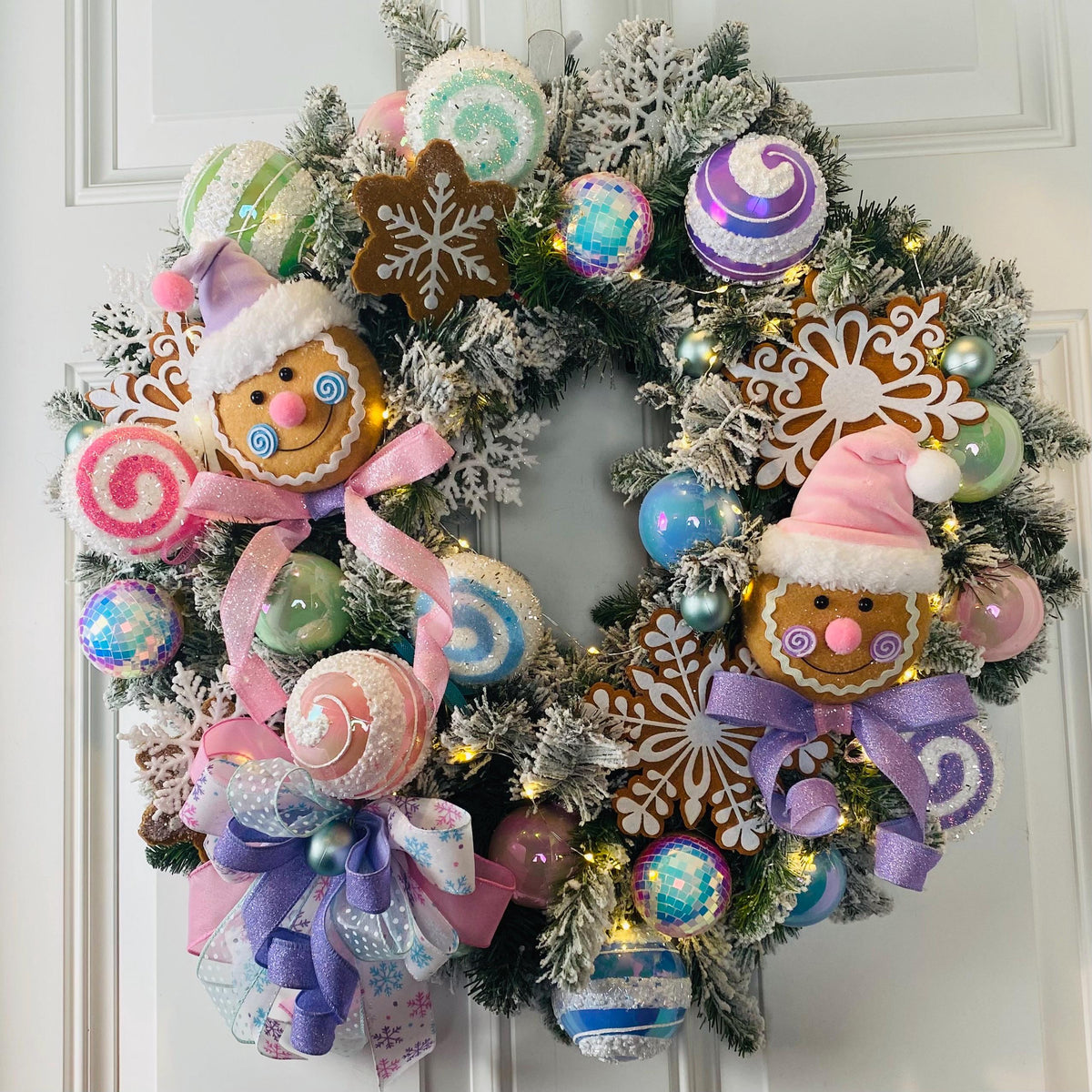 Lighted Pastel Gingerbread Wreath: Holiday Front Door Decor, Candyland