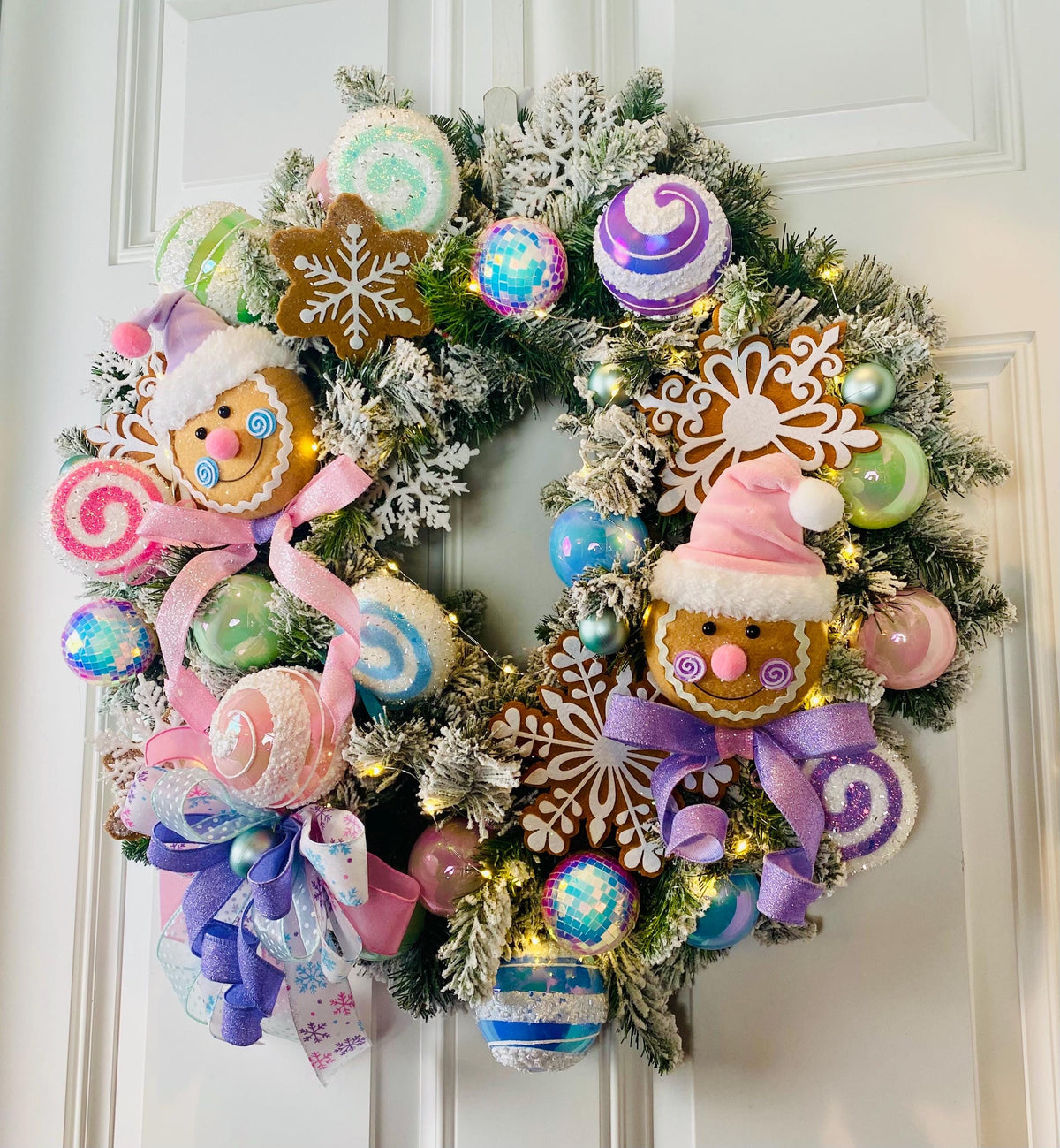 Lighted Pastel Gingerbread Wreath: Holiday Front Door Decor, Candyland
