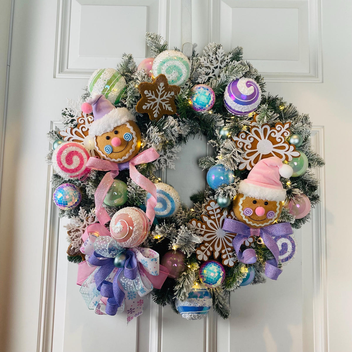 Lighted Pastel Gingerbread Wreath: Holiday Front Door Decor, Candyland
