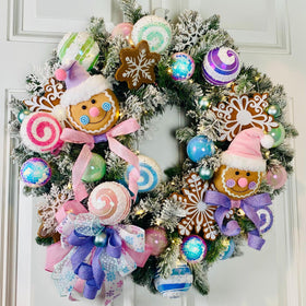 Lighted Pastel Gingerbread Wreath: Holiday Front Door Decor, Candyland
