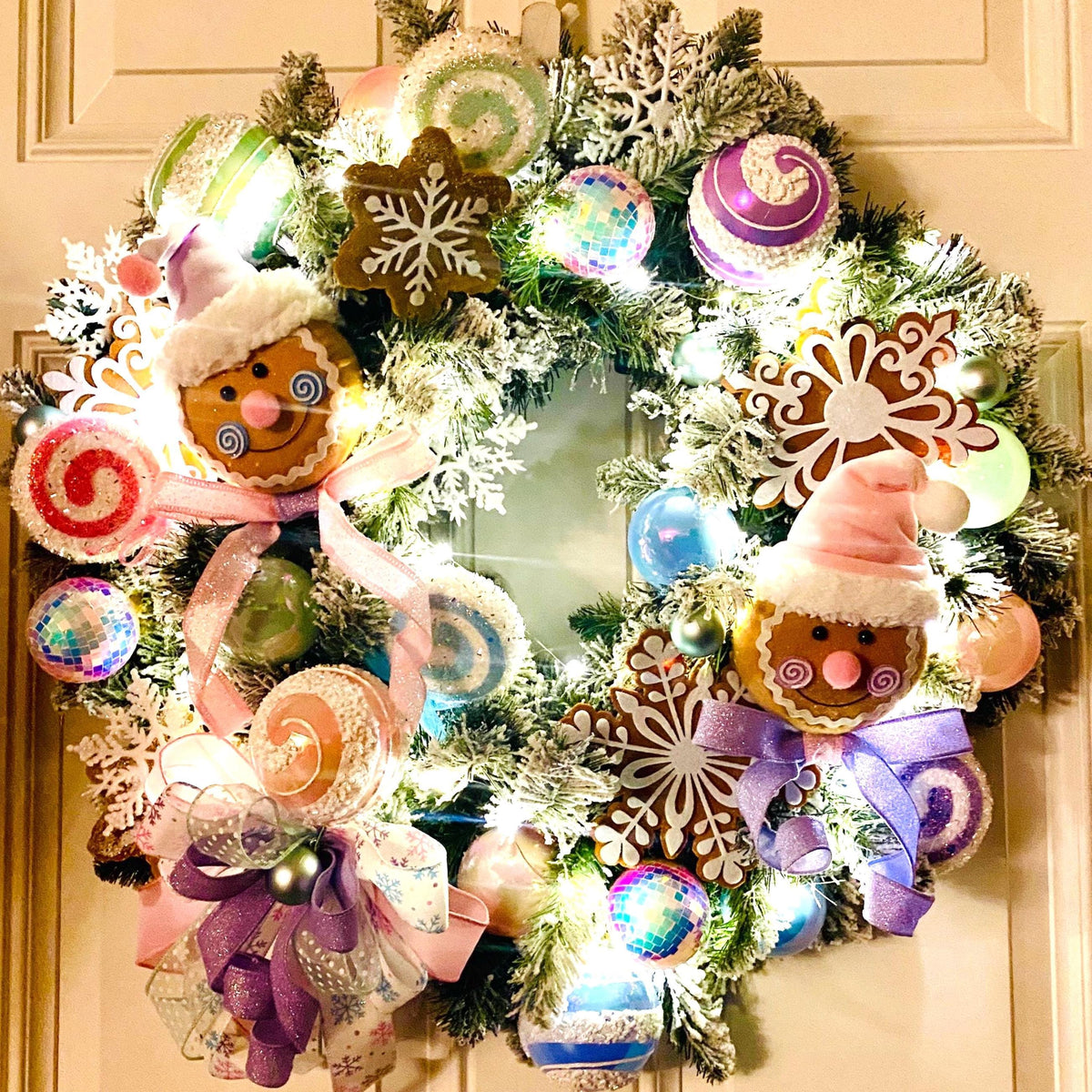 Lighted Pastel Gingerbread Wreath: Holiday Front Door Decor, Candyland