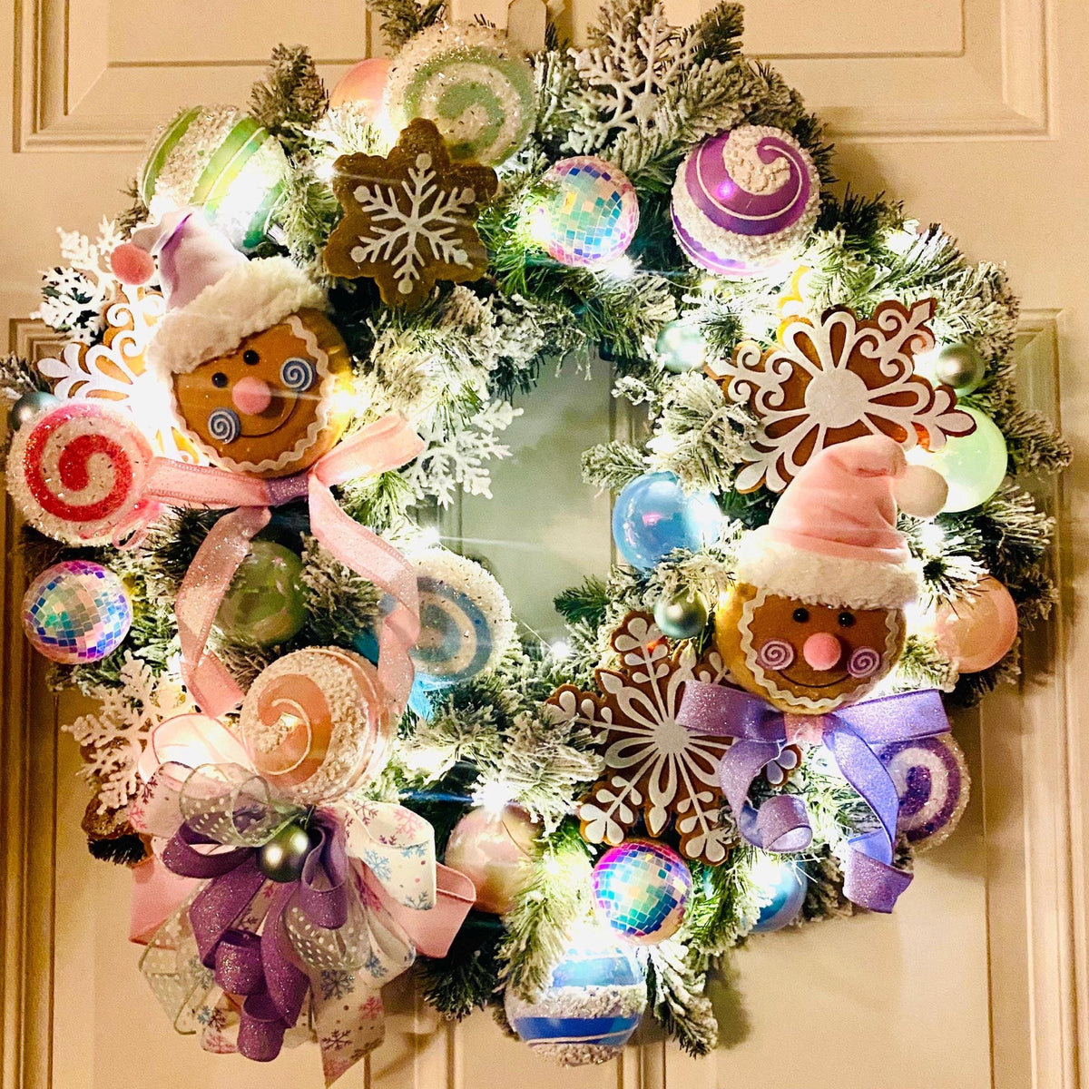 Lighted Pastel Gingerbread Wreath: Holiday Front Door Decor, Candyland