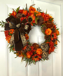Luxury Fall Wreath with Cheetah Pumpkin | Brown Velvet Bow | Designer Autumn Door Wreath | Sunflower Harvest Decor
