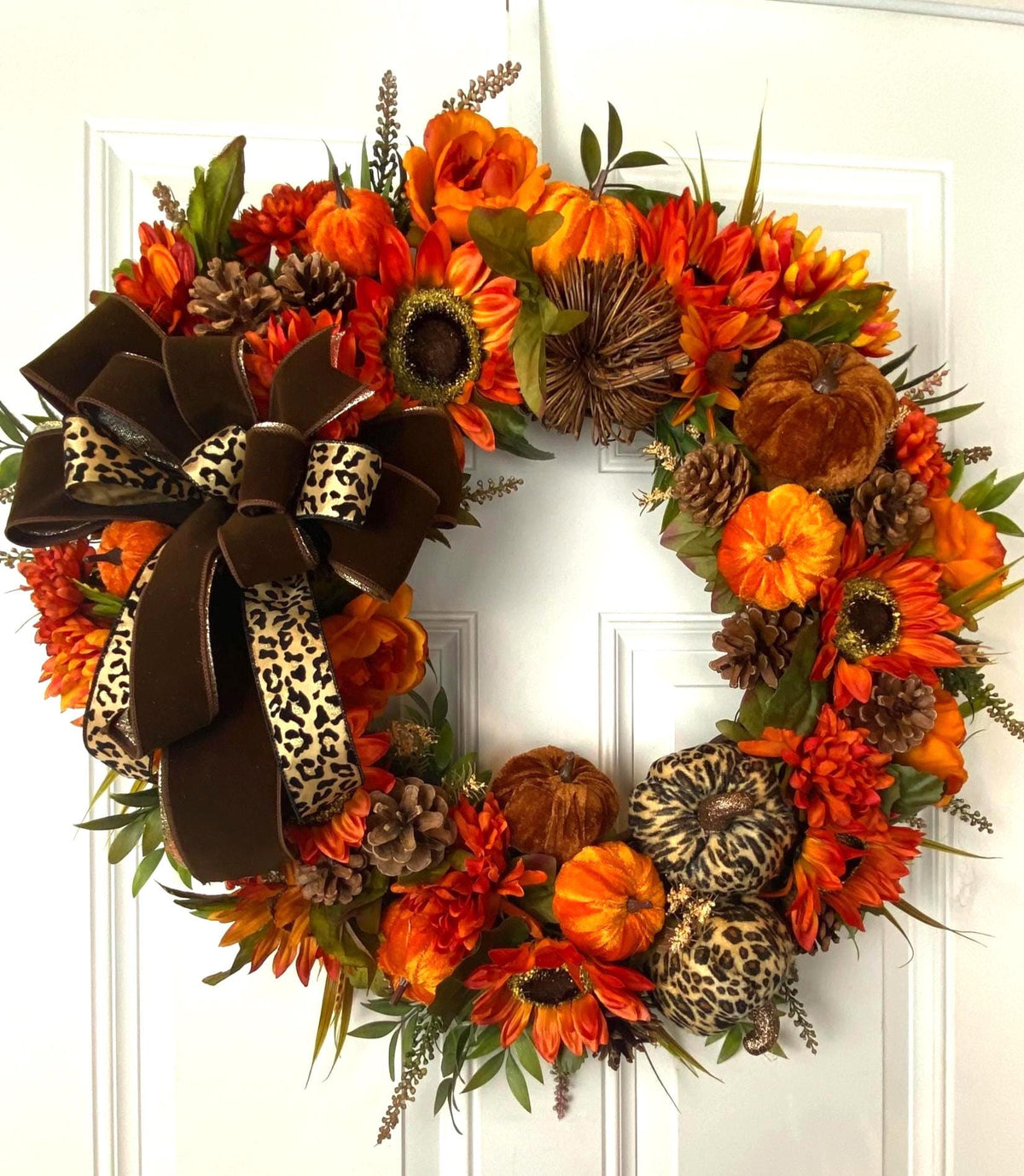 Luxury Fall Wreath with Cheetah Pumpkin | Brown Velvet Bow | Designer Autumn Door Wreath | Sunflower Harvest Decor