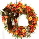 Luxury Fall Wreath with Cheetah Pumpkin | Brown Velvet Bow | Designer Autumn Door Wreath | Sunflower Harvest Decor