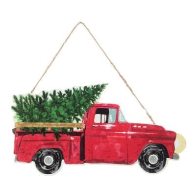 15" Red Truck Sign-MDF Truck with Christmas Tree
