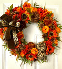Luxury Fall Wreath with Cheetah Pumpkin | Brown Velvet Bow | Designer Autumn Door Wreath | Sunflower Harvest Decor