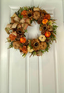 Luxury Fall Floral Pumpkin Wreath | Designer Autumn Door Wreath | Sunflower Harvest Decor