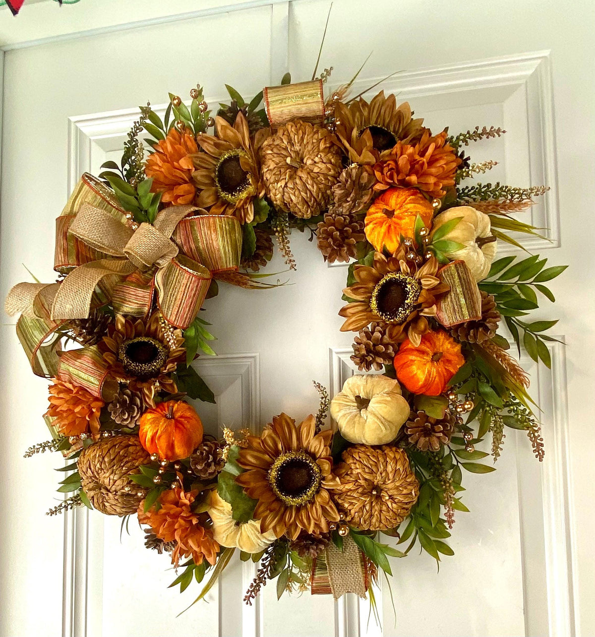 Luxury Fall Floral Pumpkin Wreath | Designer Autumn Door Wreath | Sunflower Harvest Decor