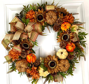 Luxury Fall Floral Pumpkin Wreath | Designer Autumn Door Wreath | Sunflower Harvest Decor