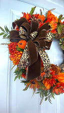 Luxury Fall Wreath with Cheetah Pumpkin | Brown Velvet Bow | Designer Autumn Door Wreath | Sunflower Harvest Decor