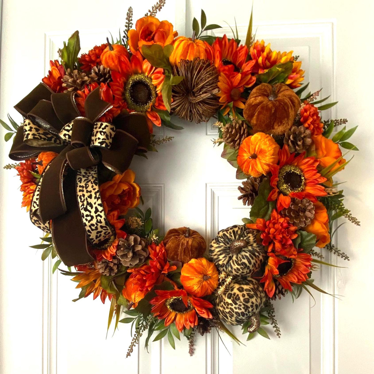 Luxury Fall Wreath with Cheetah Pumpkin | Brown Velvet Bow | Designer Autumn Door Wreath | Sunflower Harvest Decor