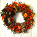 Luxury Fall Wreath with Cheetah Pumpkin | Brown Velvet Bow | Designer Autumn Door Wreath | Sunflower Harvest Decor