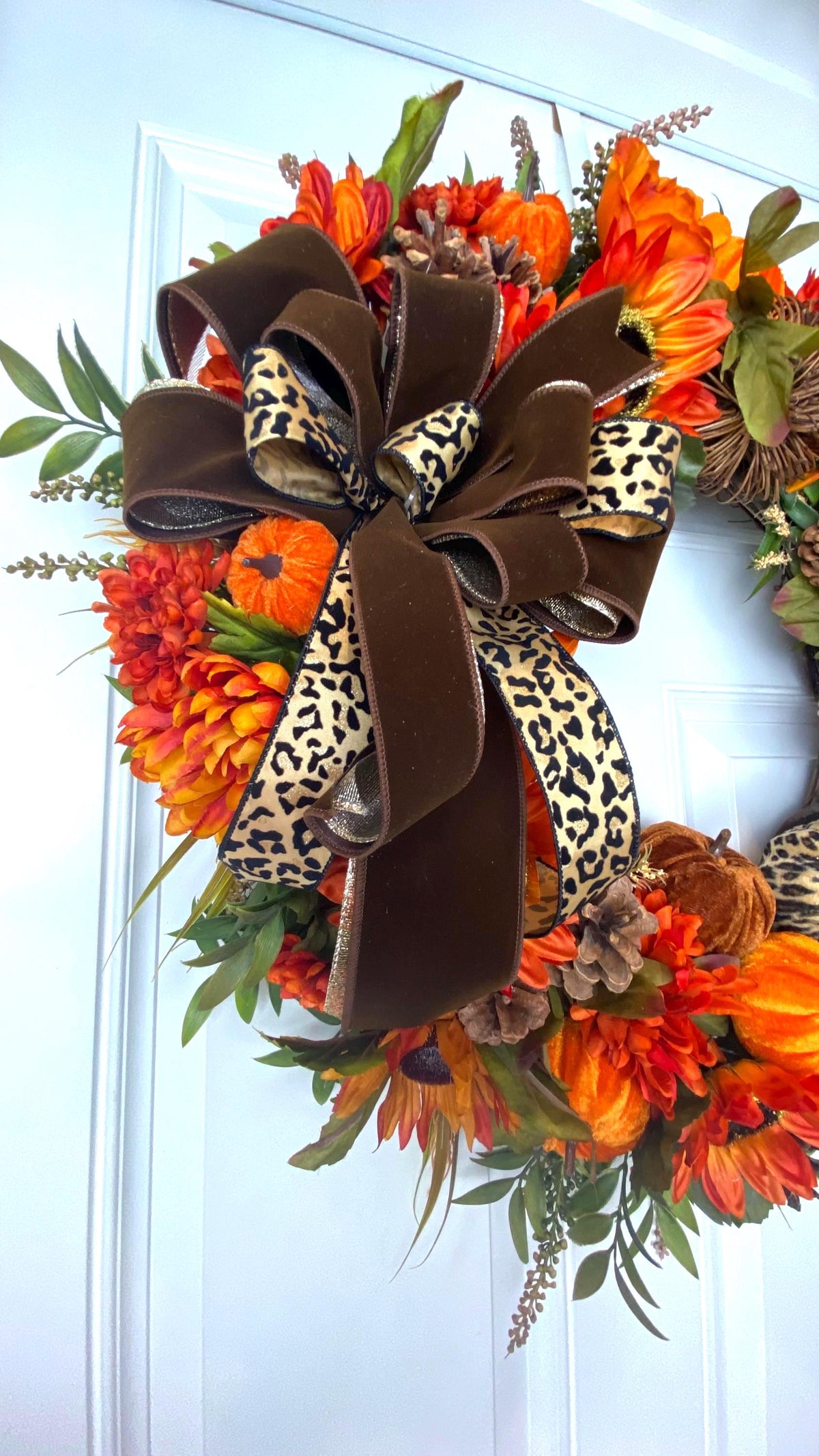 Luxury Fall Wreath with Cheetah Pumpkin | Brown Velvet Bow | Designer Autumn Door Wreath | Sunflower Harvest Decor
