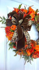 Luxury Fall Wreath with Cheetah Pumpkin | Brown Velvet Bow | Designer Autumn Door Wreath | Sunflower Harvest Decor
