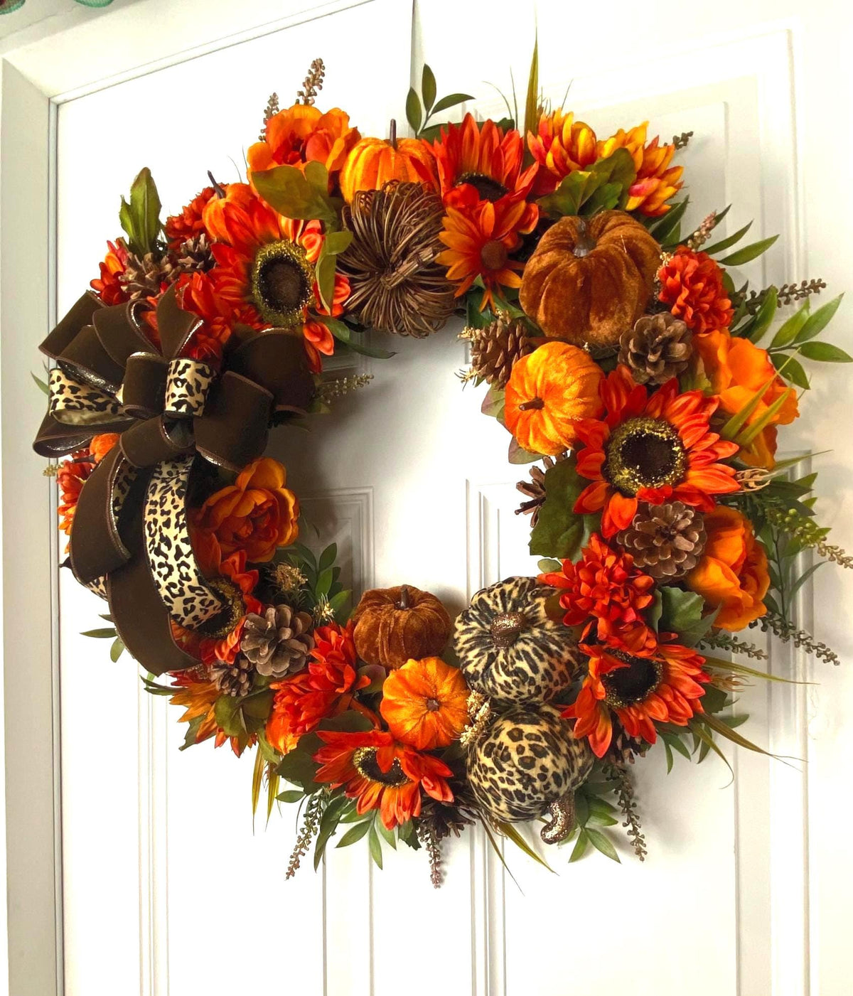 Luxury Fall Wreath with Cheetah Pumpkin | Brown Velvet Bow | Designer Autumn Door Wreath | Sunflower Harvest Decor