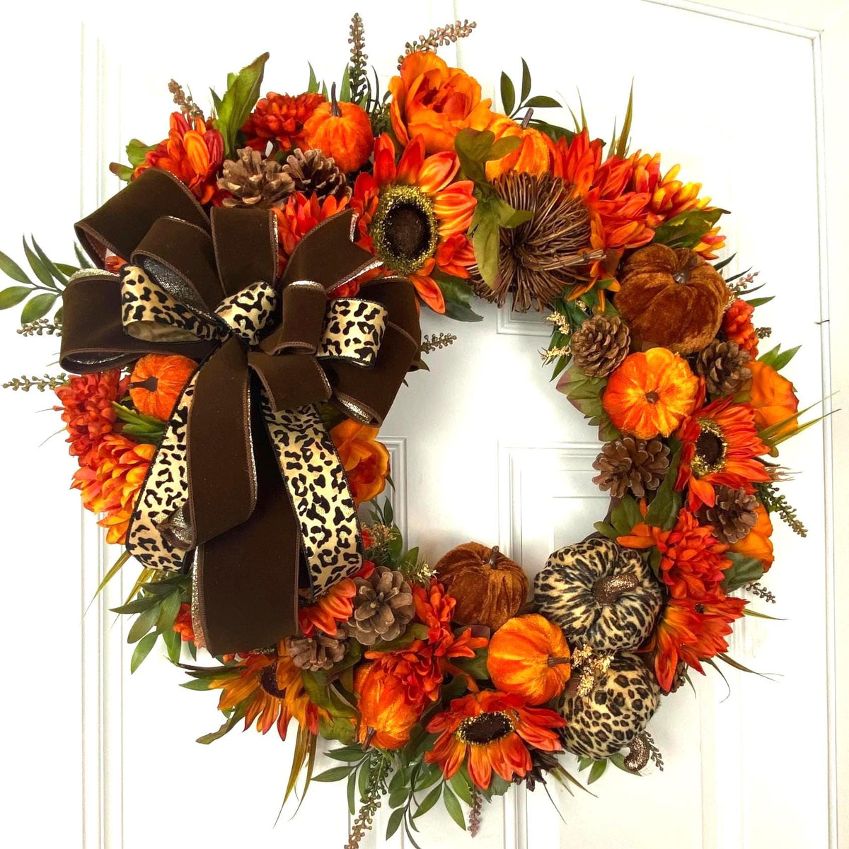Luxury Fall Wreath with Cheetah Pumpkin | Brown Velvet Bow | Designer Autumn Door Wreath | Sunflower Harvest Decor