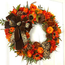 Luxury Fall Wreath with Cheetah Pumpkin | Brown Velvet Bow | Designer Autumn Door Wreath | Sunflower Harvest Decor