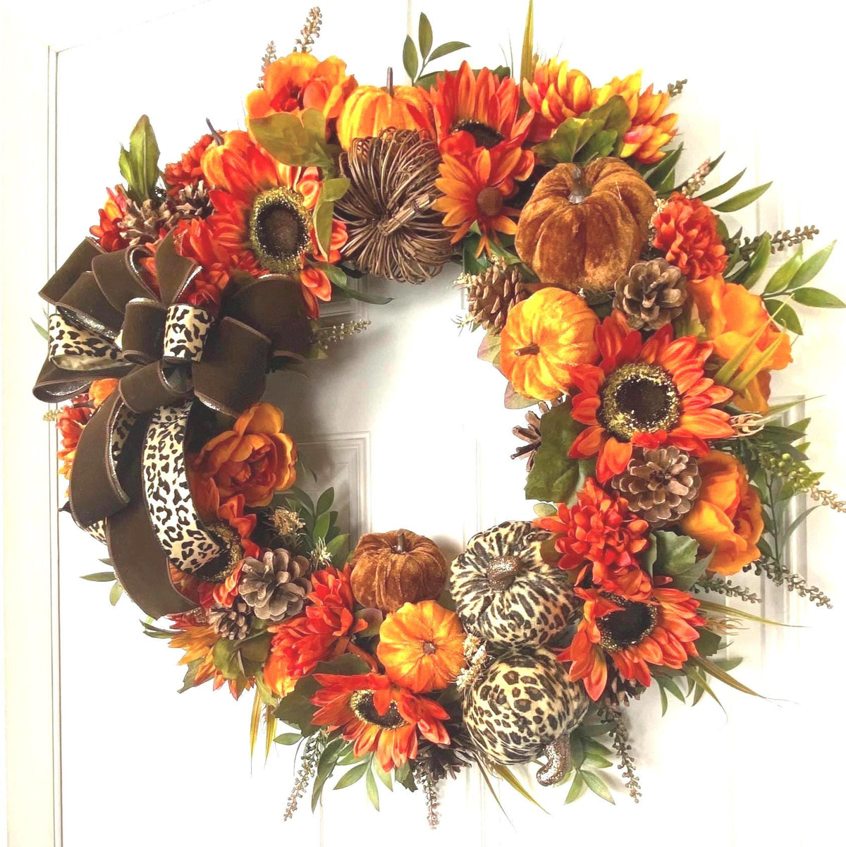 Luxury Fall Wreath with Cheetah Pumpkin | Brown Velvet Bow | Designer Autumn Door Wreath | Sunflower Harvest Decor