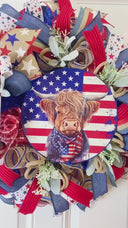 Patriotic Highland Cow Wreath: Stars & Stripes Summer Decor