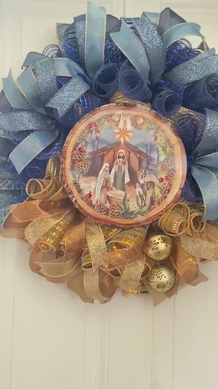 Elegant Gold and Blue Nativity Wreath with Charming Gold Bell Embellishments