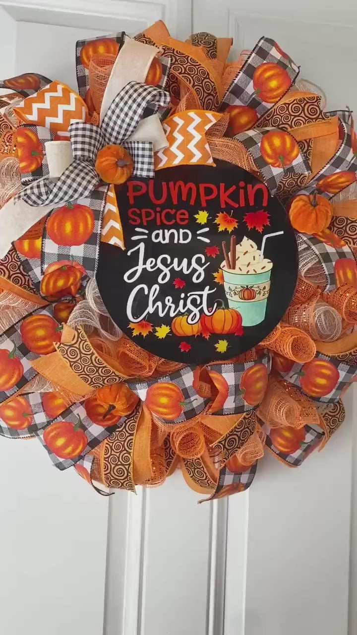 Farmhouse Fall Wreath: Pumpkin Spice, Jesus Christ, Thanksgiving Decor