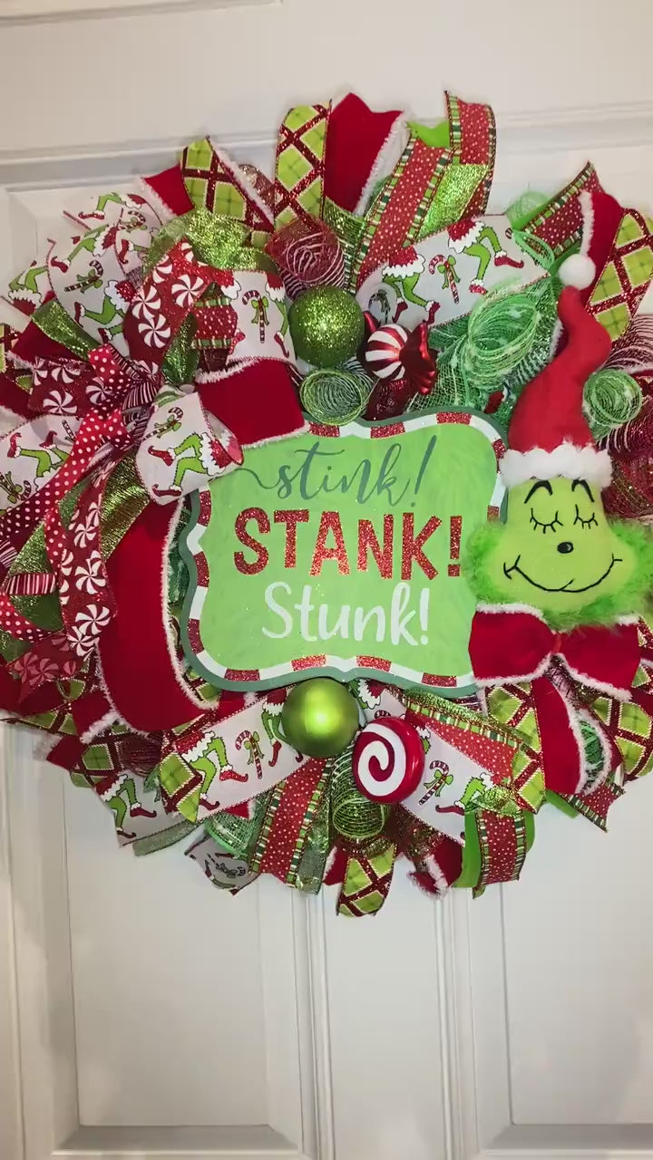 Green Monster Christmas Wreath, Whimsical Red Peppermint Holiday Front Door Decor