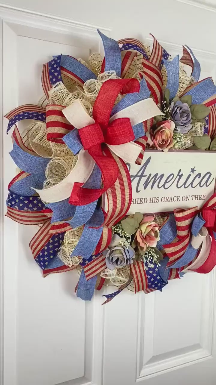 Rustic Patriotic Wreath: Vintage Flag, Red, Cream & Blue Decor