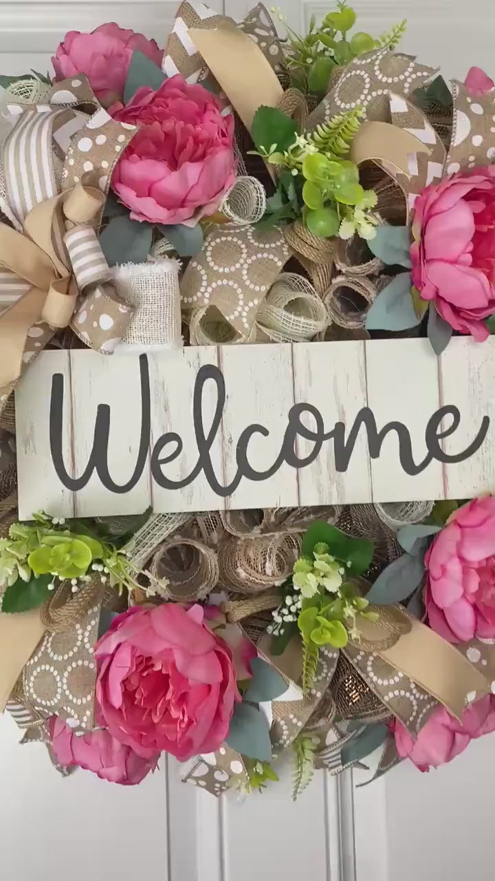 Farmhouse Peony Wreath, Everyday Front Door Decor for Spring and Summer, Designer Mesh