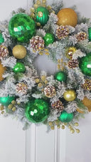 Lighted Green and Gold Christmas Ornament Pinecone Wreath: Winter Porch Decor