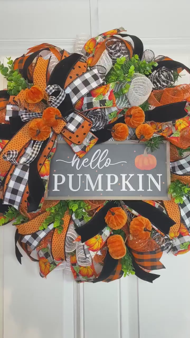 Fall Wreath, Pumpkin, Buffalo check, Farmhouse Deco,  Traditional Autumn, Front Door decor