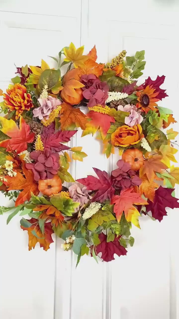 Fall Pumpkin Wreath: Pine Cones & Sunflowers, Autumn Door Decor