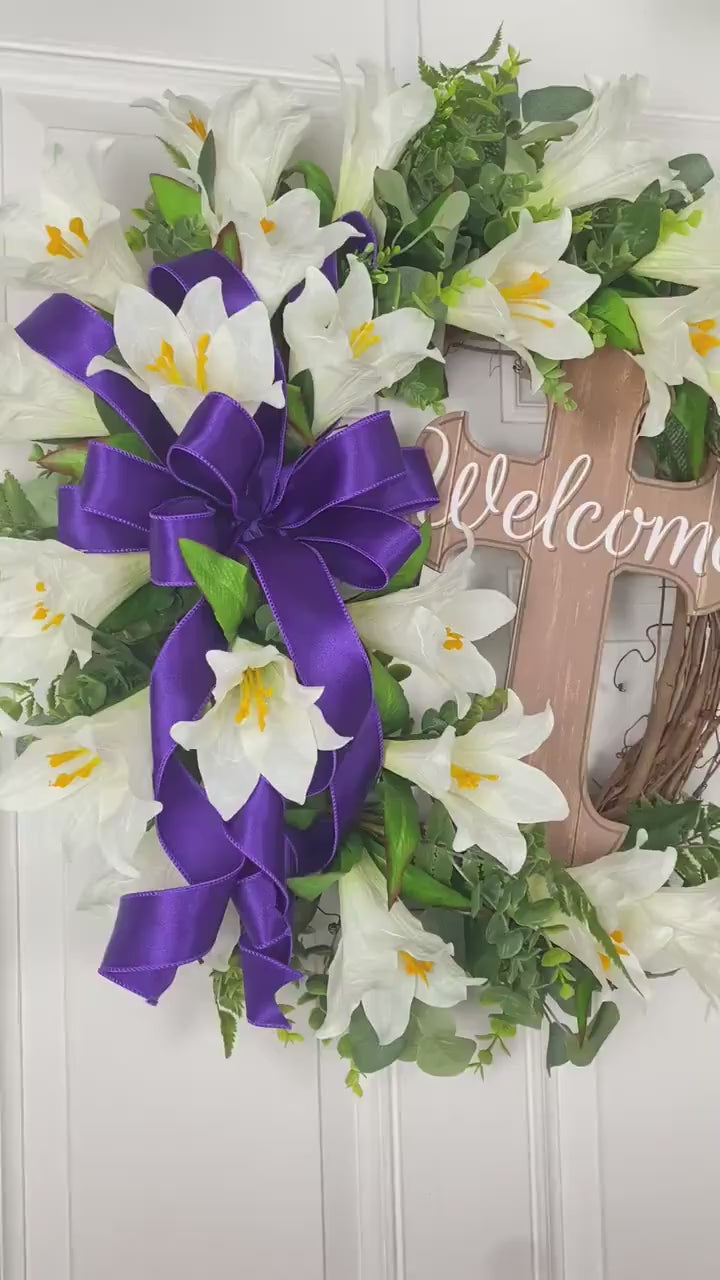 Easter Wreath, Cross, Lillies, Spring Floral Swag, wreath for front door