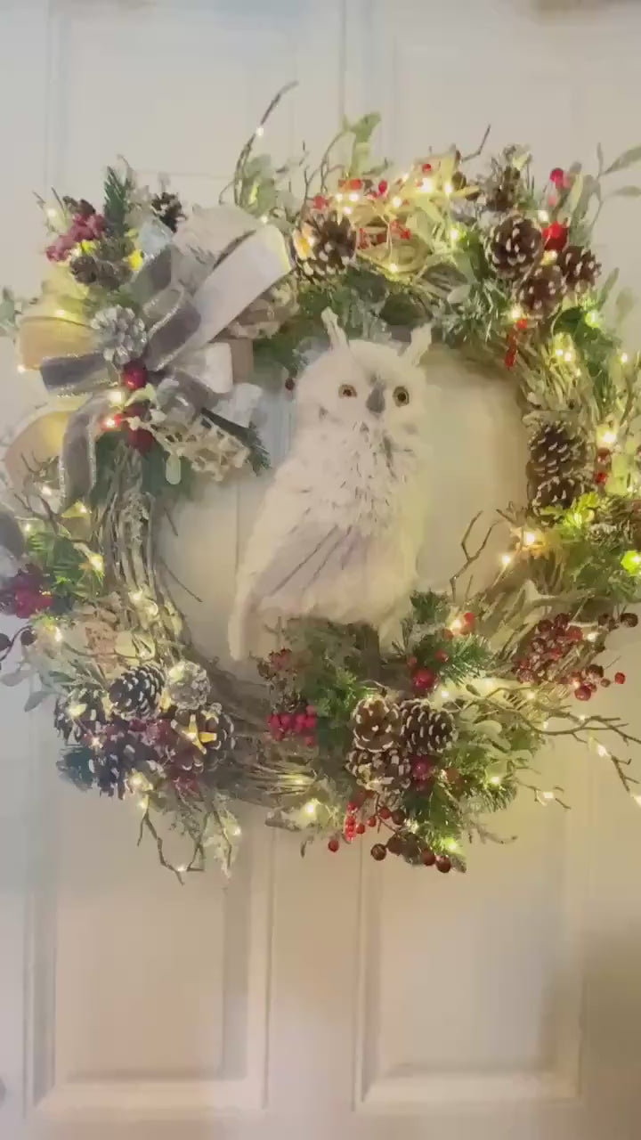 Handmade Owl Wreath, Frosted Pinecones, LED Lights, Holiday Door Décor