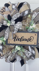 Farmhouse Welcome Wreath: Neutral Deco Mesh, Custom Sign
