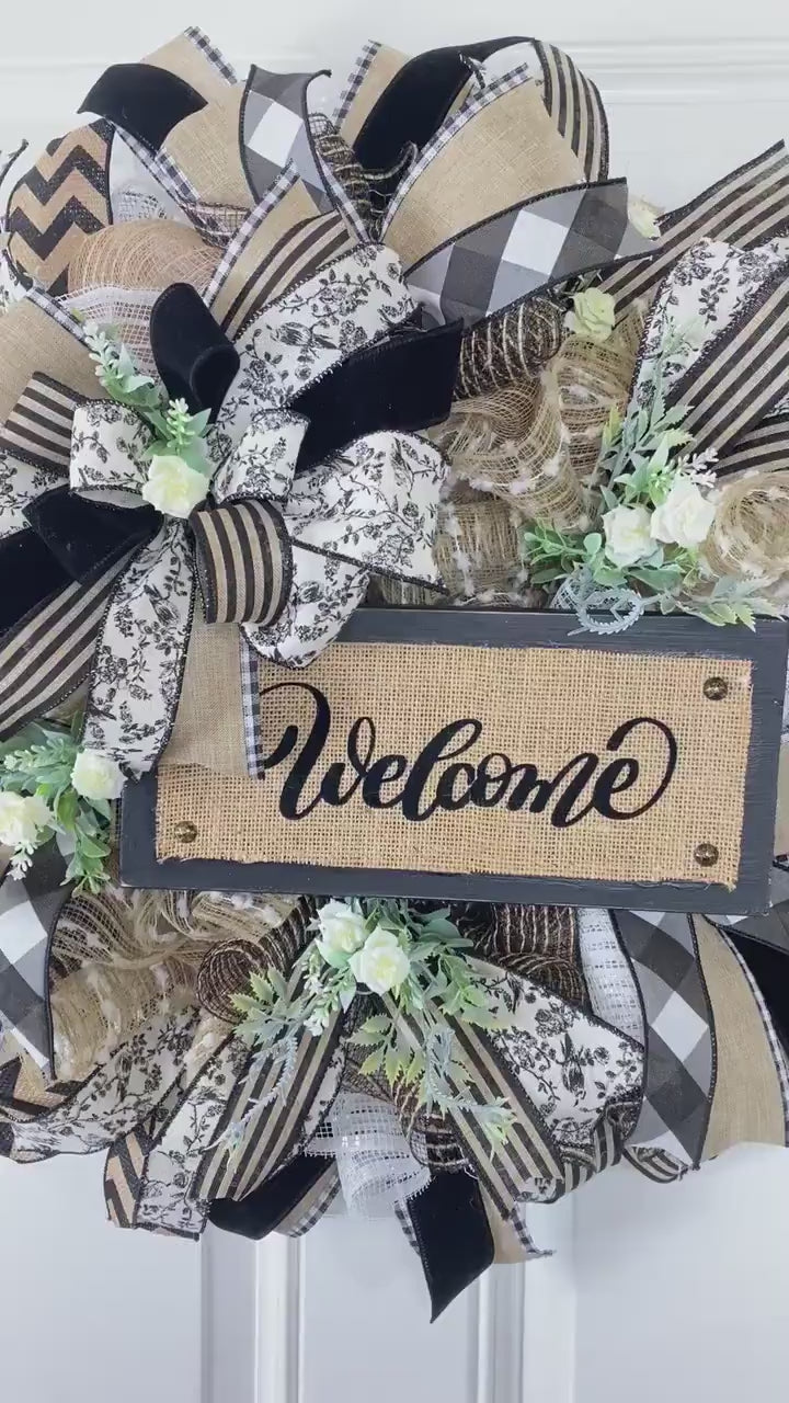 Farmhouse Welcome Wreath: Neutral Deco Mesh, Custom Sign
