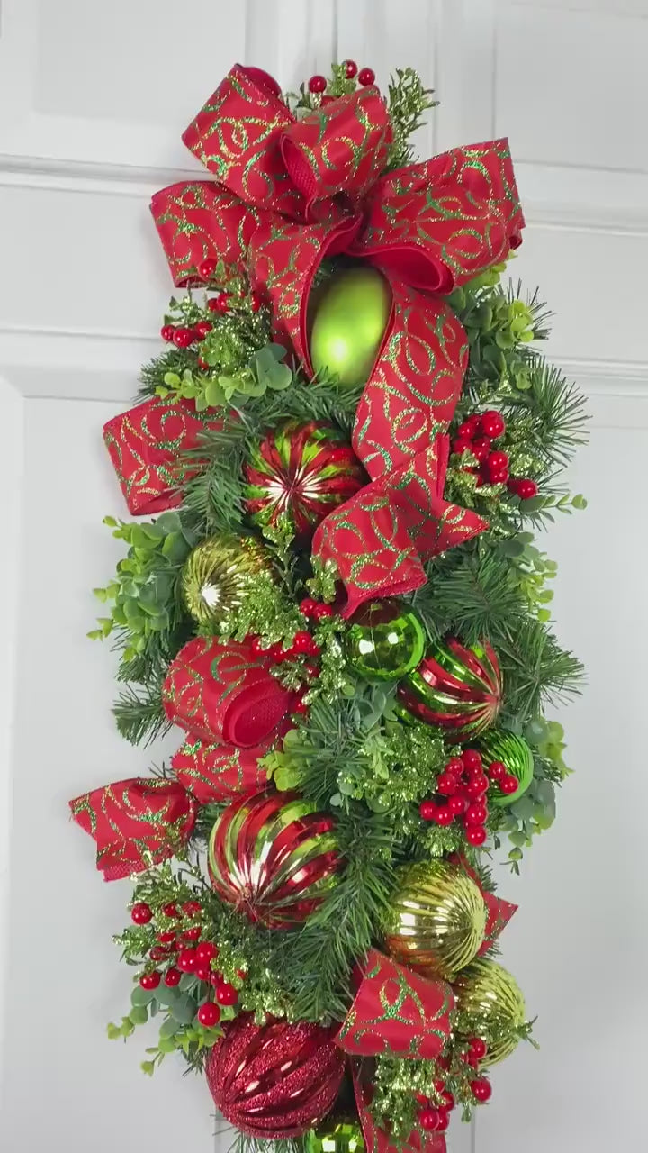 Red and Lime Christmas Ornament Swag: Holiday Door Decor