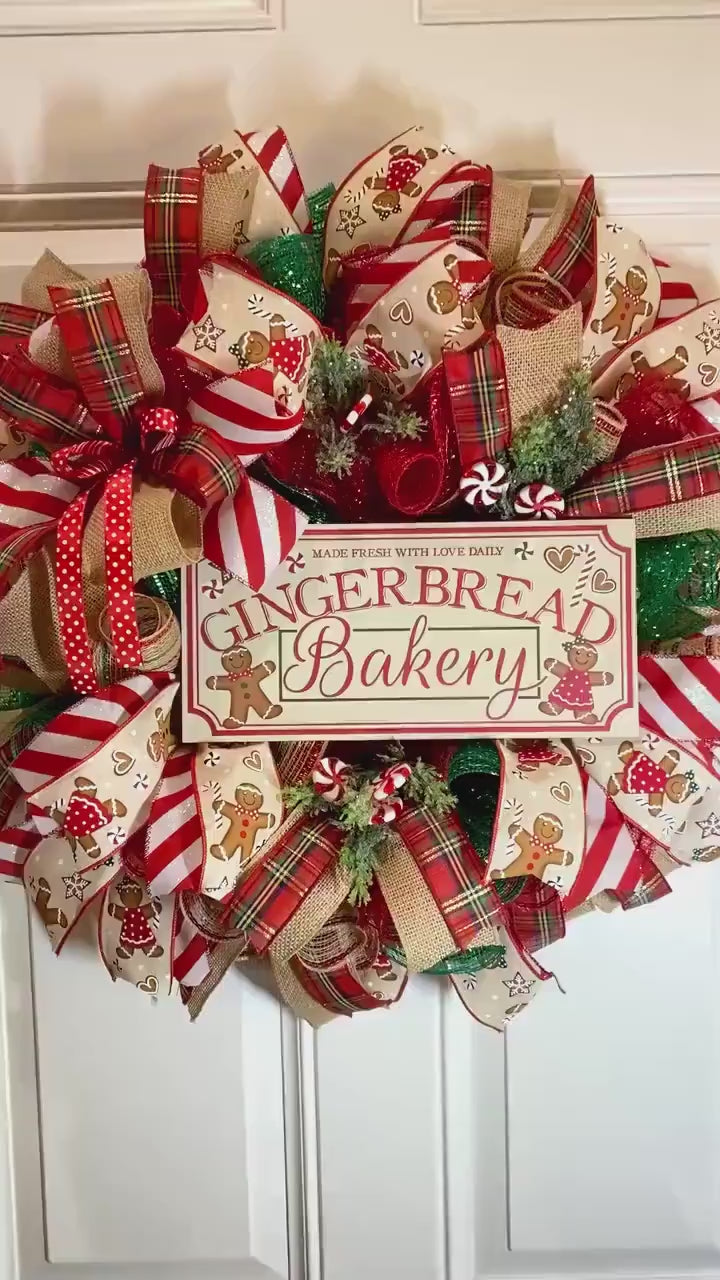 Christmas Gingerbread Bakery Wreath, Double Door, Christmas deco mesh wreath, Gingerbread bakery, Large Christmas Wreath for front door