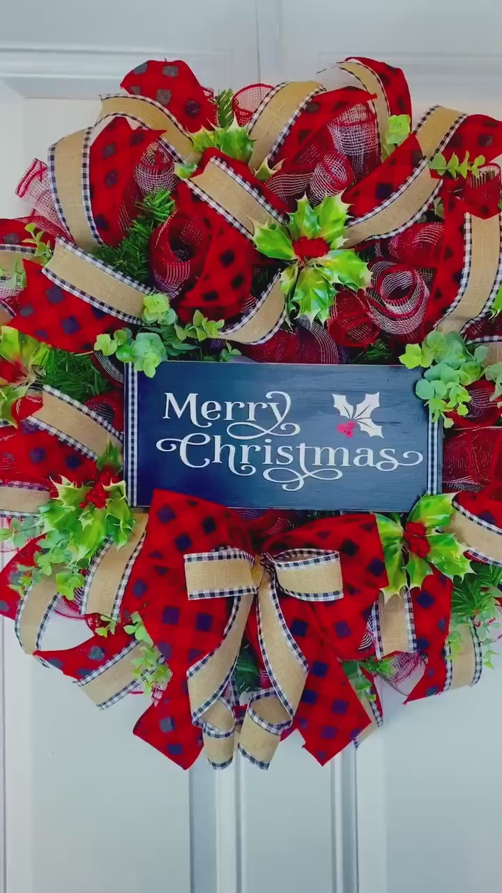 Buffalo Check Christmas Wreath: Farmhouse Front Door Decor