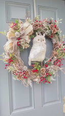 Handmade Owl Wreath, Frosted Pinecones, LED Lights, Holiday Door Décor