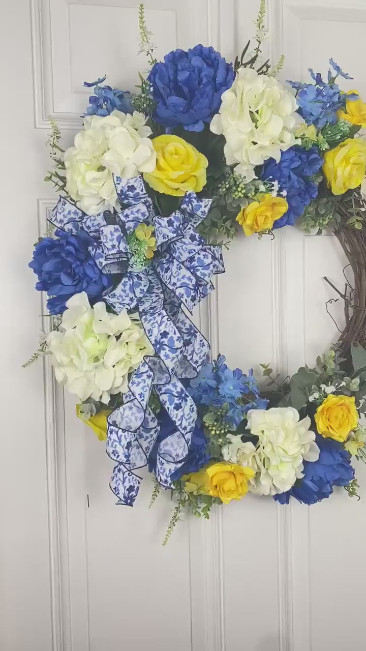 Hydrangea Peony Summer Wreath: Blue, White & Yellow Floral Grapevine Wreath