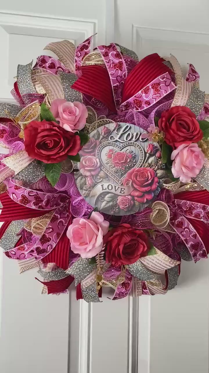Custom Valentine Wreath -Winter Home Decor- Pink, Red, Magenta Roses