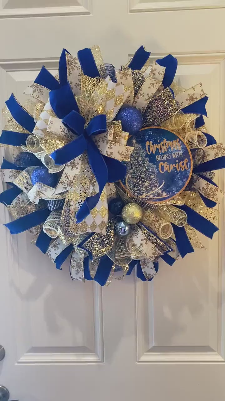 Blue and Gold Christmas Wreath: Elegant Harlequin Holiday Decor