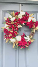 Elegant Poinsettia Christmas Wreath with Golden Leaves & Cedar Accents