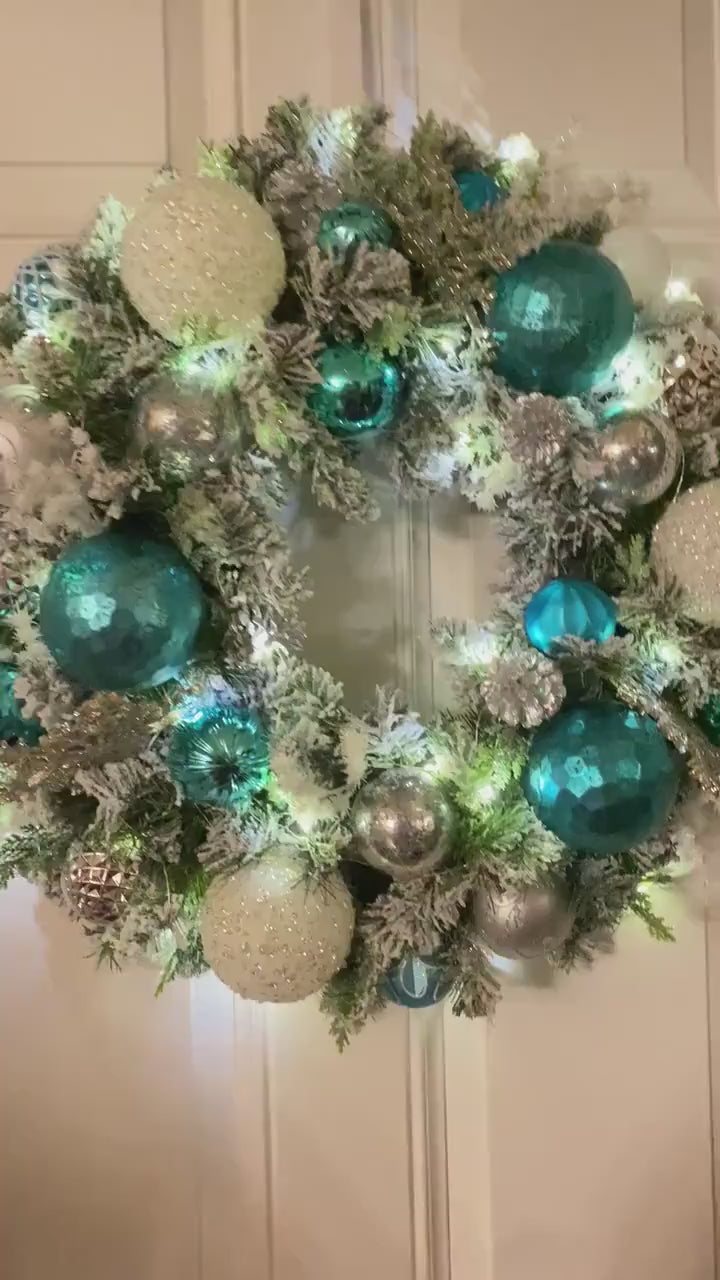 Lighted Turquoise Ornament Wreath: Silver Snowflakes, Winter Decor