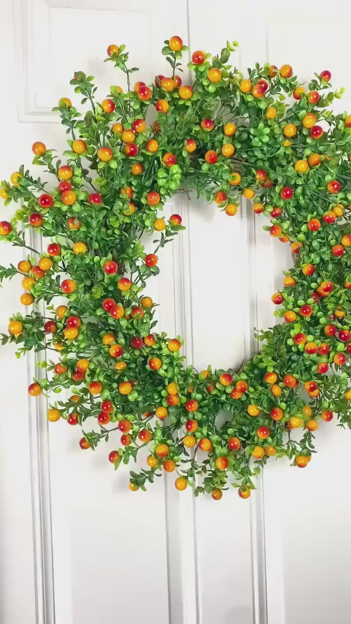 Fall Orange Berry Wreath, Boxwood, Front Door Wreath